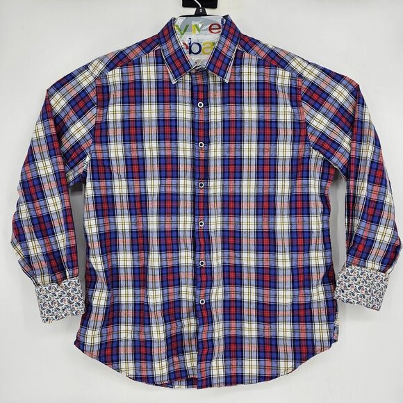 Robert Graham Shirt Mens XL Paisley Plaid Button Up Flip Cuffs Casual Preppy - Picture 1 of 11